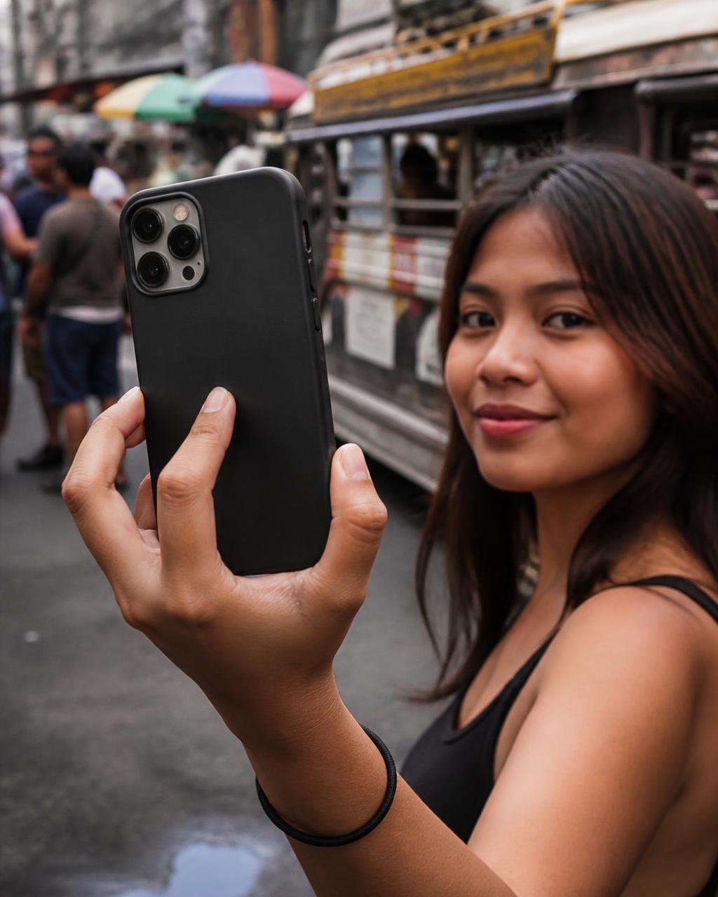 Woman in Manila holding an iPhone in a matte black case