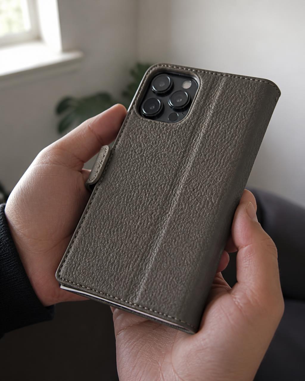 Hands holding an iPhone in a leather folio case